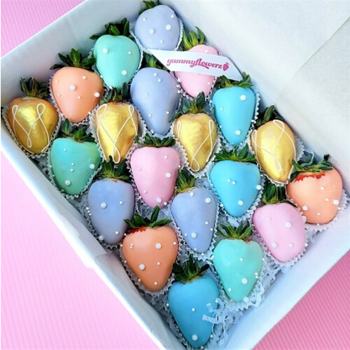 20pcs Pastel Rainbow x Gold Chocolate Strawberries Gift Box (6 colors)